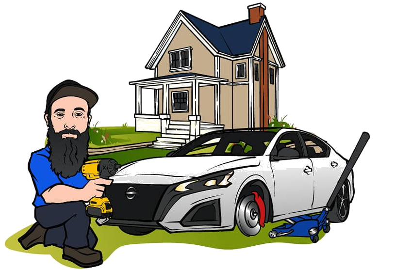 Illustration of Mike with a car and house